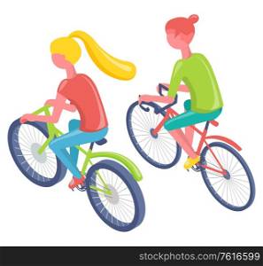 Friends wearing sportswear driving bicycle, back view of women sitting on eco transport, activity outdoor, cyclists leisure, riding bike, active vector. Women in Sportswear on Bicycle, Transport Vector