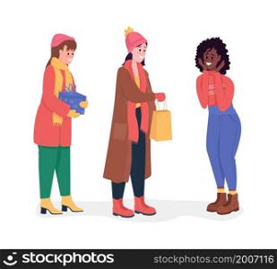 Friends with gifts semi flat color vector characters set. Full body people on white. Holiday celebration isolated modern cartoon style illustration for graphic design and animation collection. Friends with gifts semi flat color vector characters set
