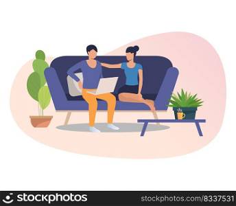 Friends with laptop meeting at home. Woman touching her friend shoulder, expressing support. Friendship concept. Vector illustration for posters, presentation slides, landing pages