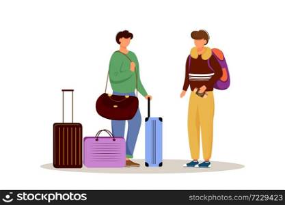 Friends with luggage flat vector illustration. Getting ready for a trip. Married couple with suitcases. Going on vacation. Voyage preparation isolated cartoon character on white background. Friends with luggage flat vector illustration