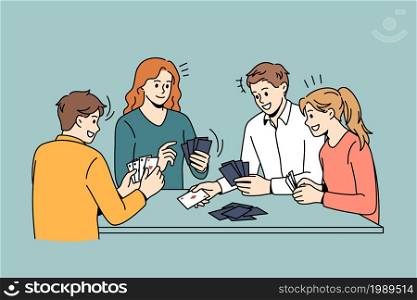 Friendship and leisure games concept. Group of young smiling friends sitting and playing cards together over blue background vector illustration . Friendship and leisure games concept