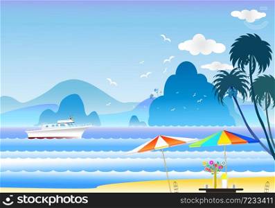 Friendship and luxury vacation two happy lover standing on the yacht illustration seascape with coffee near Vases and flowers on the table and the birds flying in sky cloud background at summer time