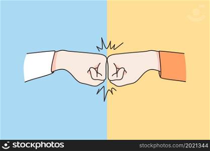 Friendship and mutual support concept. Human fists pulling with each other from both sides blue and yellow vector illustration . Friendship and mutual support concept