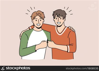 Friendship and positive emotions concept. Two young smiling happy men friends standing pulling fists together as symbol of unity and friendship vector illustration . Friendship and positive emotions concept.