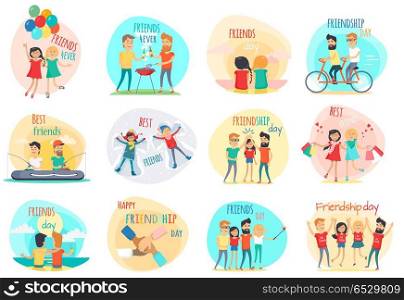 Friendship Best Friends Forever. Relations. Vector. Friendship. Best friend forever. International friends. Celebration happy friends day. Positive emotions. True friend. Friend s shopping, riding on bicycle, fishing, picnic, party Flat design Vector