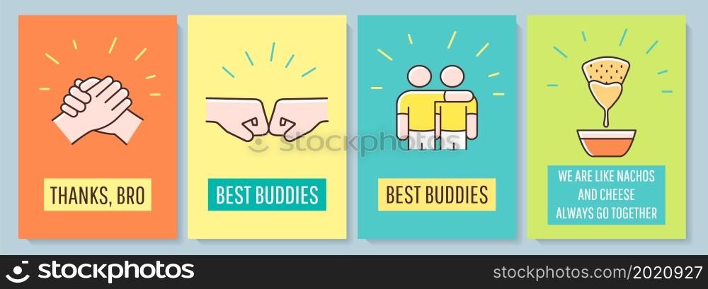 Friendship celebration greeting card with color icon element set. Best buddies. Postcard vector design. Decorative flyer with creative illustration. Notecard with congratulatory message. Friendship celebration greeting card with color icon element set