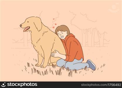 Friendship, children and pets concept. Young smiling girl sitting and embracing pet Labrador during summer walk outdoors on grass in park feeling love vector illustration . Friendship, children and pets concept