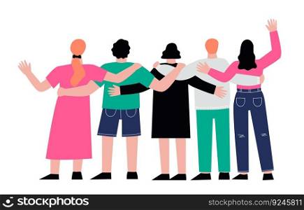 Friendship concept, back friends hugging. Reunion people, stand backs and hugs. Young students togetherness, brother and sister, sapid vector scene of friendship group embracing illustration. Friendship concept, back friends hugging. Reunion people, stand backs and hugs. Young students togetherness, brother and sister, sapid vector scene