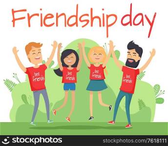 Friendship day, smiling man and woman in casual clothes rising hands. People friends wearing red t-shirt, invitation or greeting, male and female vector. Best Friends Man and Woman, People Holiday Vector