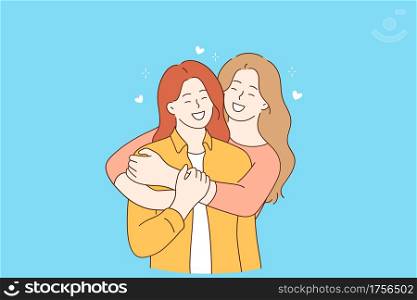 Friendship, girls happiness and hugs concept. Two Cheerful smiling young girls cartoon characters in casual clothing standing and embracing each other vector illustration . Friendship, girls happiness and hugs concept