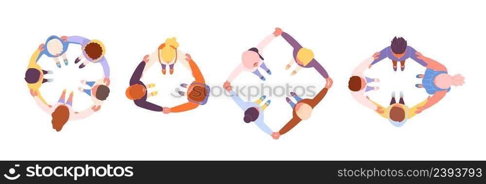 Friendship hugs. Hugging circle, man support in geometric shapes. Isolated community metaphor, people together and hug. Top view vector characters. Illustration of friendship, people together team. Friendship hugs. Hugging circle, man support in geometric shapes. Isolated community metaphor, people stand together and hug. Top view utter vector characters