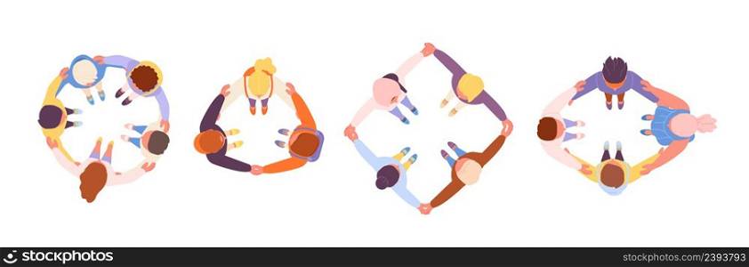 Friendship hugs. Hugging circle, man support in geometric shapes. Isolated community metaphor, people together and hug. Top view vector characters. Illustration of friendship, people together team. Friendship hugs. Hugging circle, man support in geometric shapes. Isolated community metaphor, people stand together and hug. Top view utter vector characters
