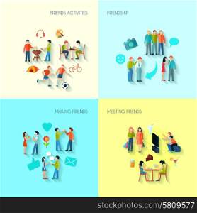 Friendship Icons Set . Friendship icons set with activities making and meeting friends flat isolated vector illustration