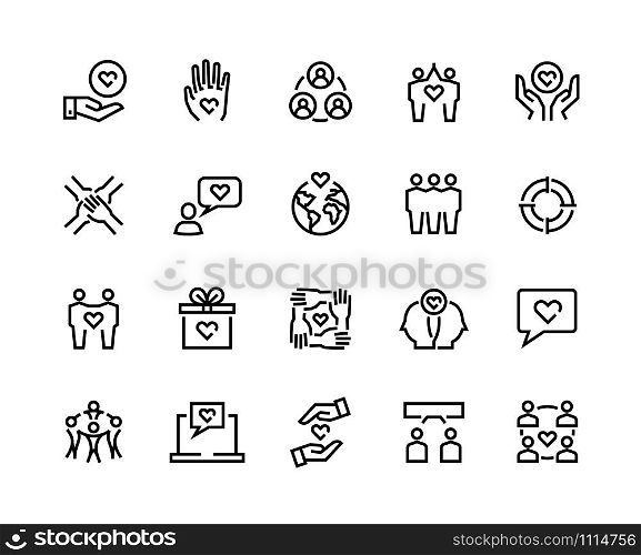 Friendship line icons. Charity and partnership, business assistance and communication concept. Vector community relationship friends flat icon for social cooperating app communities. Friendship line icons. Charity and partnership, business assistance and communication concept. Vector community relationship