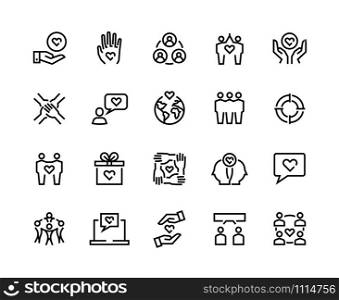 Friendship line icons. Charity and partnership, business assistance and communication concept. Vector community relationship friends flat icon for social cooperating app communities. Friendship line icons. Charity and partnership, business assistance and communication concept. Vector community relationship