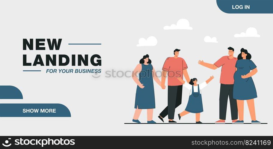 Friendship of families flat vector illustration. Couple expecting baby and parents with daughter meeting outdoors, spending time together. Friendship, family, nature concept for banner design