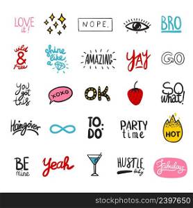 Friendship stickers set of isolated hand drawn style text artwork images with flat symbols and captions vector illustration. Friendship Party Artwork Set