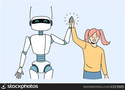 Friendship with artificial intelligence concept. Smiling girl standing and shaking hands with white robot bot being friends vector illustration . Friendship with artificial intelligence concept