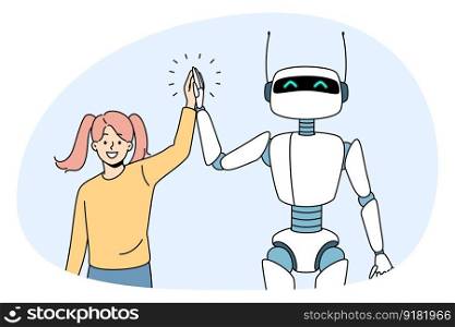 Friendship with artificial intelligence concept. Smiling girl standing and shaking hands with white robot bot being friends vector illustration. Friendship with artificial intelligence concept