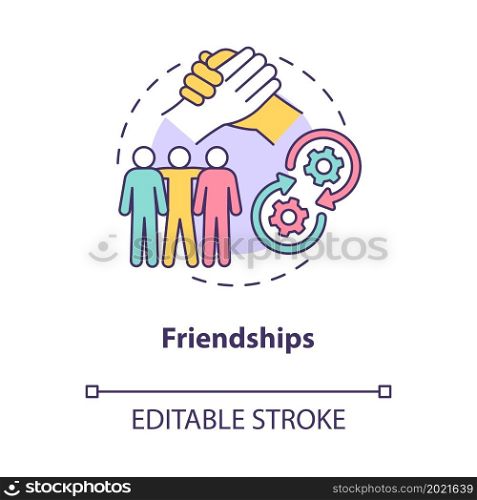 Friendships concept icon. Relations type in society. Participation by communication between people, group abstract idea thin line illustration. Vector isolated outline color drawing. Editable stroke. Friendships concept icon