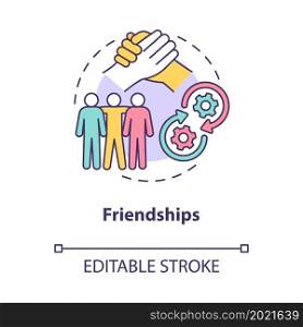 Friendships concept icon. Relations type in society. Participation by communication between people, group abstract idea thin line illustration. Vector isolated outline color drawing. Editable stroke. Friendships concept icon
