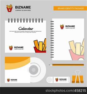 Fries Logo, Calendar Template, CD Cover, Diary and USB Brand Stationary Package Design Vector Template