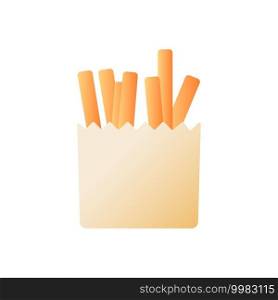 Fries vector flat color icon. Fried potatoes in paper package. American cafe menu. Take away, take out meal. Fast food delivery. Cartoon style clip art for mobile app. Isolated RGB illustration. Fries vector flat color icon