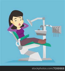Frightened asian patient at dentist office. Scared young woman in dental clinic. Frightened woman visiting dentist. Afraid woman sitting in dental chair. Vector flat design illustration. Square layout. Scared patient in dental chair vector illustration