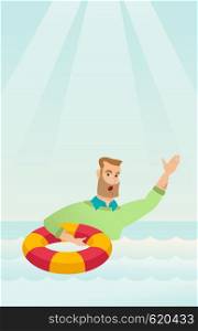 Frightened business man sinking and asking for help. Afraid caucasian business man with lifebuoy sinking and waving. Concept of failure in business. Vector flat design illustration. Vertical layout.. Business woman sinking and asking for help.
