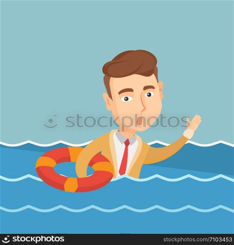 Frightened business man sinking and asking for help. Afraid caucasian business man with lifebuoy sinking and waving. Concept of failure in business. Vector flat design illustration. Square layout.. Business man sinking and asking for help.