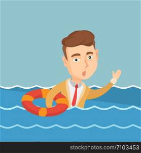 Frightened business man sinking and asking for help. Afraid caucasian business man with lifebuoy sinking and waving. Concept of failure in business. Vector flat design illustration. Square layout.. Business man sinking and asking for help.