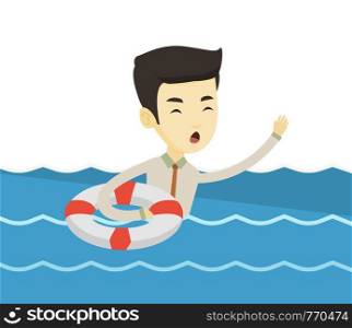 Frightened business man sinking and asking for help. Afraid business man with lifebuoy sinking and waving. Concept of failure in business. Vector flat design illustration isolated on white background.. Business man sinking and asking for help.