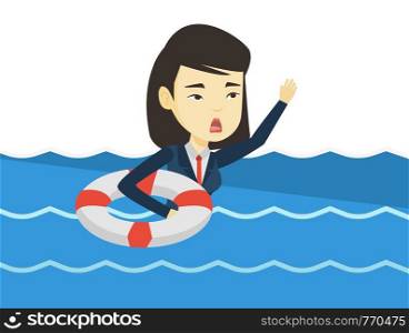 Frightened business woman sinking and asking for help. Afraid business woman with lifebuoy sinking and waving. Failure in business concept. Vector flat design illustration isolated on white background. Business woman sinking and asking for help.
