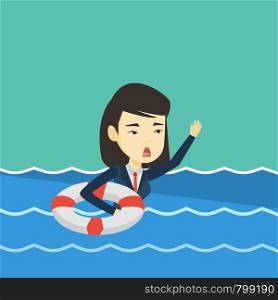 Frightened business woman sinking and asking for help. Afraid asian business woman with lifebuoy sinking and waving. Concept of failure in business. Vector flat design illustration. Square layout.. Business woman sinking and asking for help.