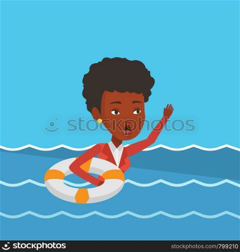 Frightened business woman sinking and asking for help. African-american business woman with lifebuoy sinking and waving. Concept of failure in business. Vector flat design illustration. Square layout.. Business woman sinking and asking for help.