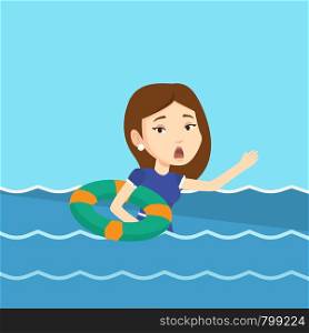 Frightened business woman sinking and asking for help. Afraid caucasian business woman with lifebuoy sinking and waving. Concept of failure in business. Vector flat design illustration. Square layout.. Business woman sinking and asking for help.