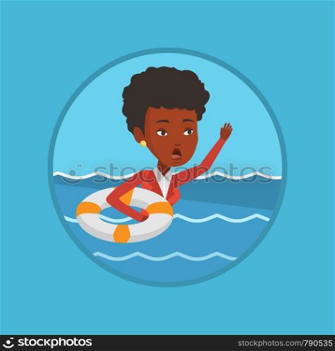 Frightened business woman sinking and asking for help. Afraid business woman with lifebuoy sinking. Concept of failure in business. Vector flat design illustration in the circle isolated on background. Business woman sinking and asking for help.