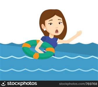 Frightened business woman sinking and asking for help. Business woman with lifebuoy sinking and waving. Concept of failure in business. Vector flat design illustration isolated on white background.. Business woman sinking and asking for help.
