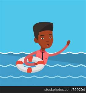 Frightened businessman sinking and asking for help. An african-american businessman with lifebuoy sinking and waving. Concept of failure in business. Vector flat design illustration. Square layout.. Businessman sinking and asking for help.