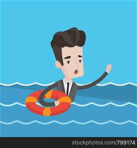 Frightened businessman sinking and asking for help. Businessman with lifebuoy ring in water. Concept of business bankruptcy and failure in business. Vector flat design illustration. Square layout.. Businessman sinking and asking for help.
