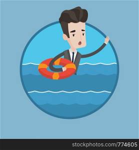 Frightened businessman sinking and asking for help. Caucasian businessman with lifebuoy sinking. Concept of failure in business. Vector flat design illustration in the circle isolated on background.. Businessman sinking and asking for help.