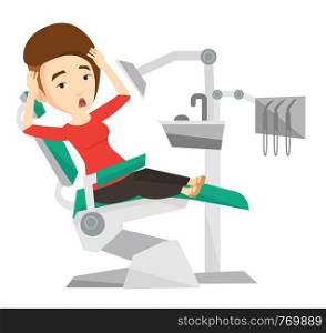 Frightened caucasian patient at dentist office. Scared woman in dental clinic. Girl visiting dentist. Afraid woman sitting in dental chair. Vector flat design illustration isolated on white background. Scared patient in dental chair vector illustration