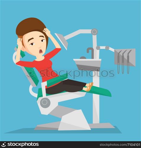 Frightened caucasian patient at dentist office. Scared young woman in dental clinic. Woman visiting dentist. Afraid woman sitting in dental chair. Vector flat design illustration. Square layout.. Scared patient in dental chair vector illustration