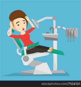Frightened caucasian patient at dentist office. Scared young woman in dental clinic. Woman visiting dentist. Afraid woman sitting in dental chair. Vector flat design illustration. Square layout.. Scared patient in dental chair vector illustration