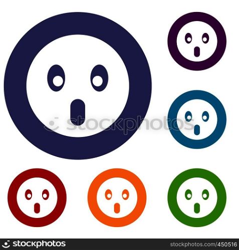 Frightened emoticons set in flat circle reb, blue and green color for web. Frightened emoticons set
