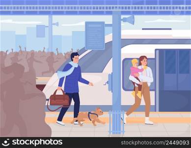 Frightened family with dog running to evacuation train flat color vector illustration. Emergency escape from city. Asylum seekers 2D simple cartoon characters with cityscape on background. Frightened family with dog running to evacuation train flat color vector illustration
