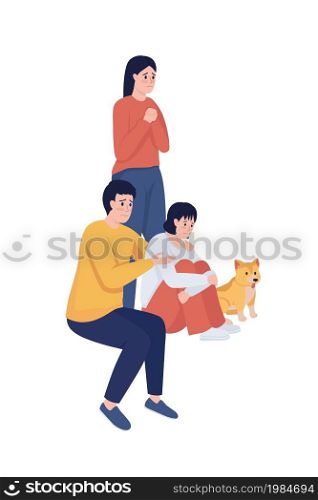 Frightened family with dog semi flat color vector characters. Full body people on white. Being in stressful situation isolated modern cartoon style illustration for graphic design and animation. Frightened family with dog semi flat color vector characters