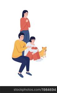 Frightened family with dog semi flat color vector characters. Full body people on white. Being in stressful situation isolated modern cartoon style illustration for graphic design and animation. Frightened family with dog semi flat color vector characters