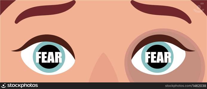 Frightened female eyes. They have fear. The concept of domestic violence, bullying, aggression against women, harassment, silence about the problem. Vector cartoon illustration.