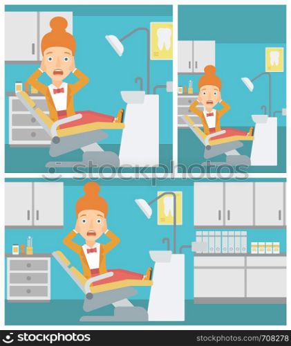 Frightened female patient sitting in dental chair at dentist office.Vector flat design Illustration. Square, horizontal, vertical layouts.. Scared patient in dental chair.